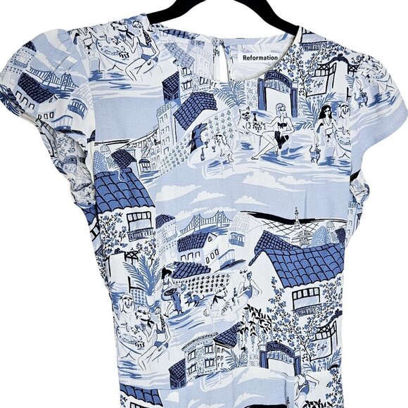 Reformation Gavin Blue White Portugal Printed Open Back Cap Sleeve Midi Dress - Picture 6 of 16